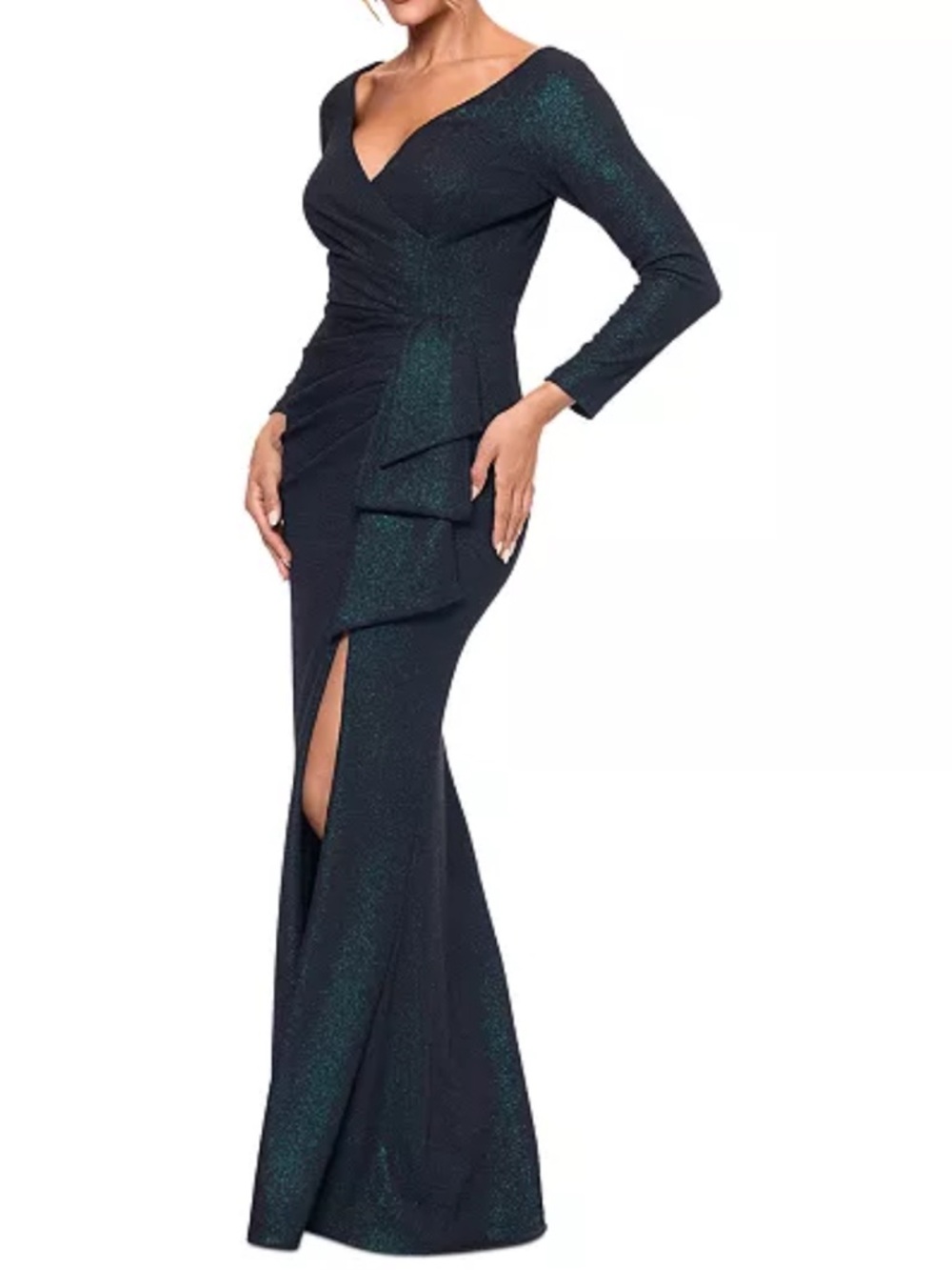 XSCAPE Metallic V-Neck Ruched Side-Drape Gown Women’s Dress Size 4
